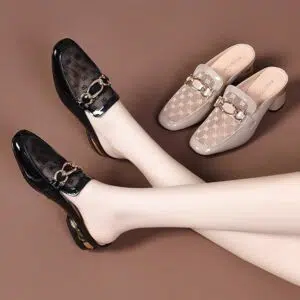 Mid-height thick heel half slippers for women