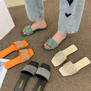 Internet celebrity colorful rhinestone flat slippers