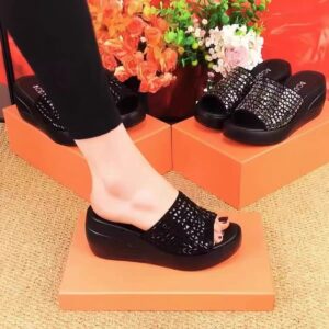 Brand shoes genuine leather rhinestone wedge heel