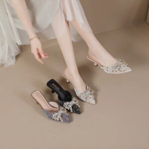 Style Stiletto Slippers with Rhinestones and Bows